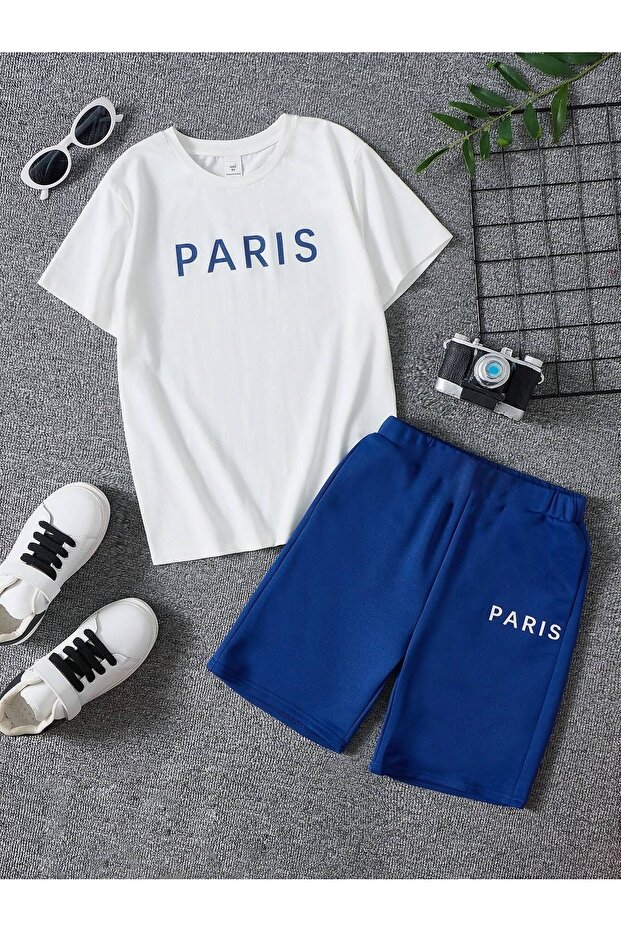 White/blue Paris Printed Girls/Boys Pocket Shorts Set