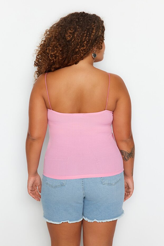 Pembe Spagetti Askılı Crop Fitilli Örme Büyük Beden Bluz TBBSS23AF00013 - 6