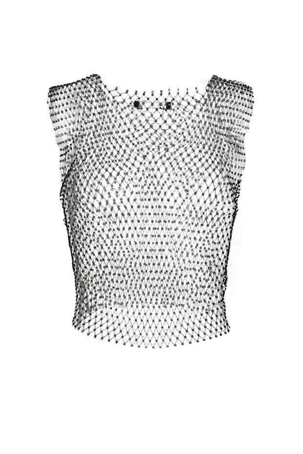 Siyah Crop Örme Parlak Taşlı Bluz TPRSS23BZ00084 - 8