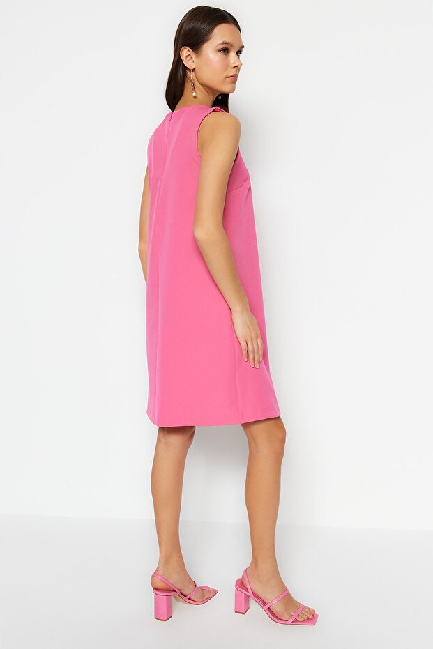 Pembe Düz Kesim Kolsuz Bisiklet Yaka Mini Dokuma Elbise TWOSS19FG0063 - 5