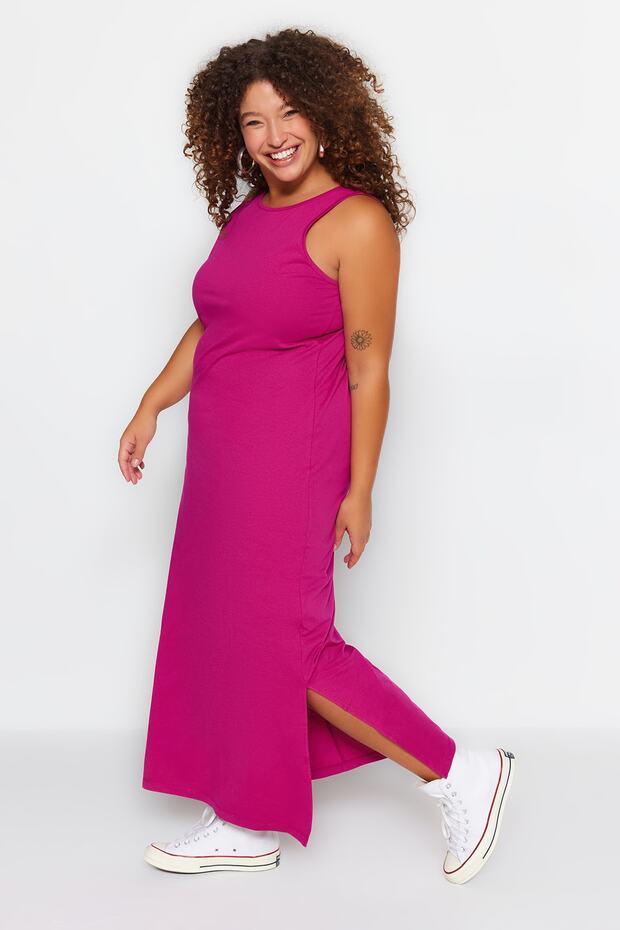 Fuchsia Shift - 100% pamut maxi ruha, nyak és hasíték TBBSS22AH0162 - 1