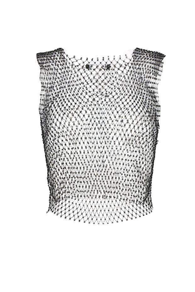 Siyah Crop Örme Parlak Taşlı Bluz TPRSS23BZ00084 - 7