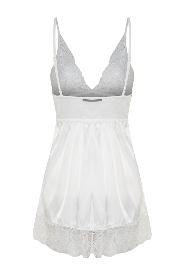 Beyaz Saten Dantelli İp Askılı Babydoll/Fantezi Gecelik THMSS22LL0001 - 6