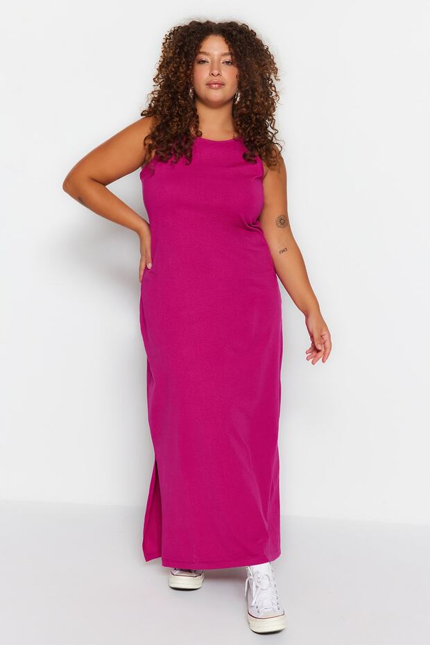 Fuchsia Shift - 100% pamut maxi ruha, nyak és hasíték TBBSS22AH0162 - 2