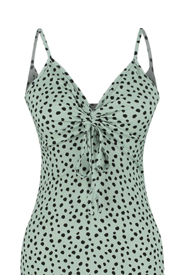 Mint Puantiye Baskılı Bürümcük Belden Açılan/Skater Askılı Midi Örme Elbise TWOSS23EL01454 - 7