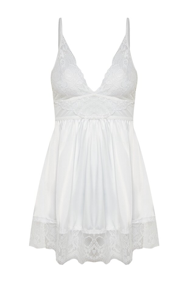 Beyaz Saten Dantelli İp Askılı Babydoll/Fantezi Gecelik THMSS22LL0001 - 4