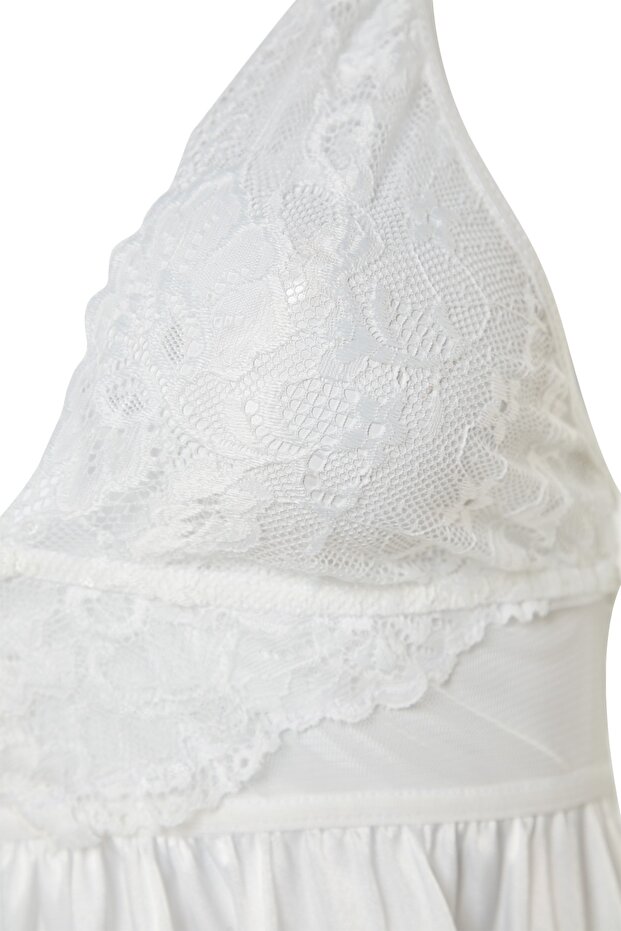 Beyaz Saten Dantelli İp Askılı Babydoll/Fantezi Gecelik THMSS22LL0001 - 5