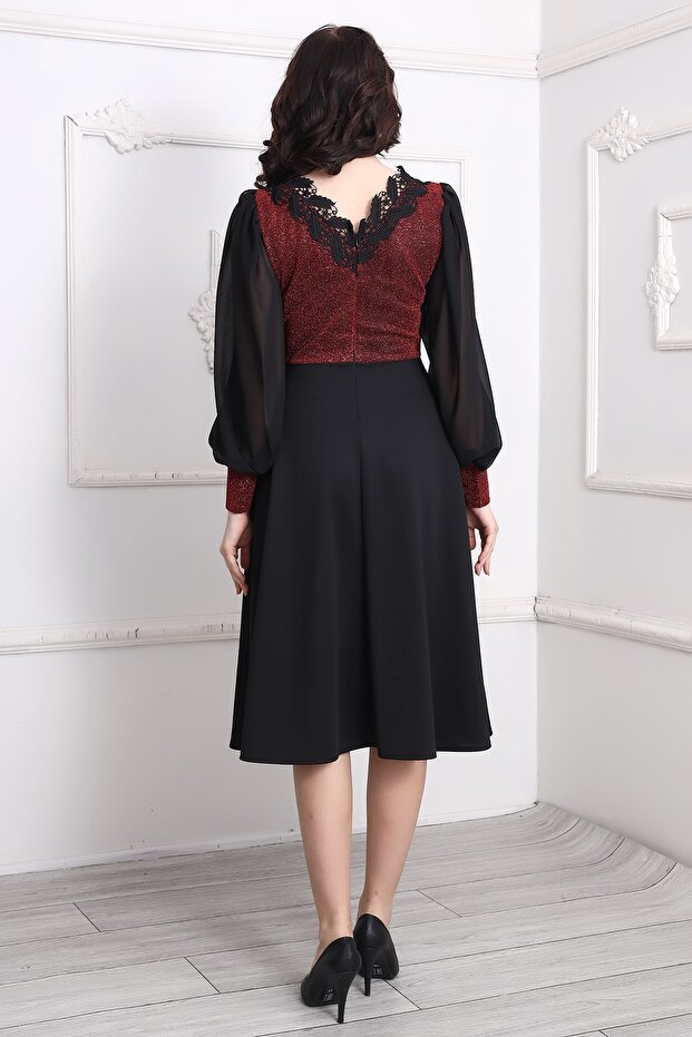 Şifon Kol Önü Simli Midi Elbise - 6