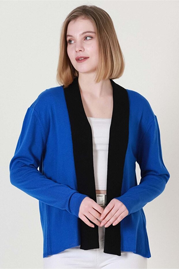 Women's Cobalt Blue Black Two Color Patterned Short Knitwear Cardigan