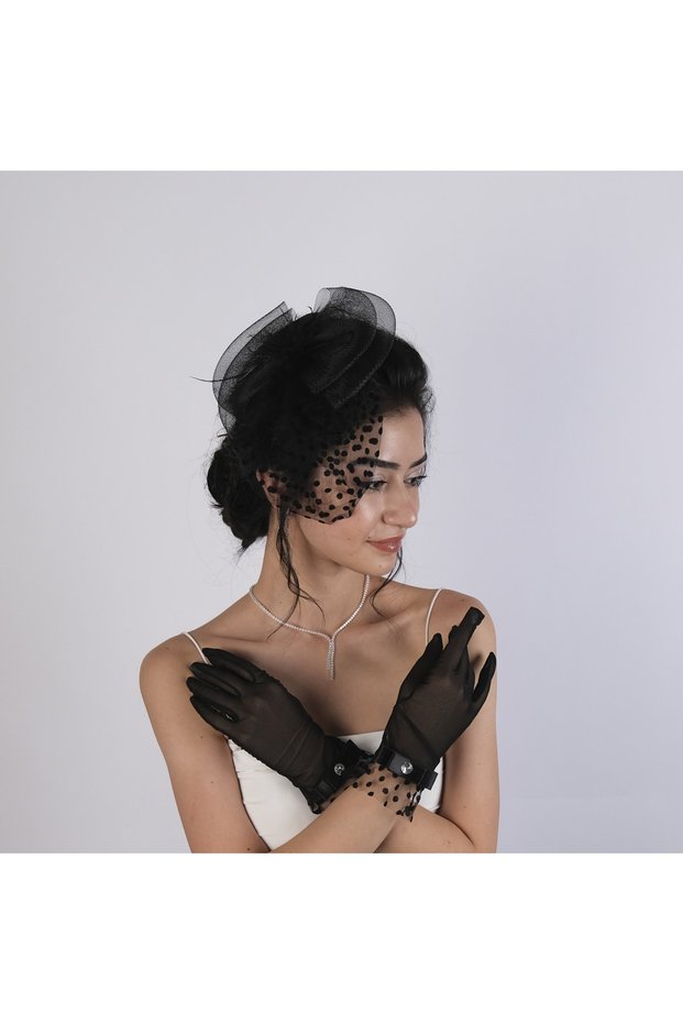 Black Polka Dot Bridal Cap and Ribbon Detailed Bridal Gloves