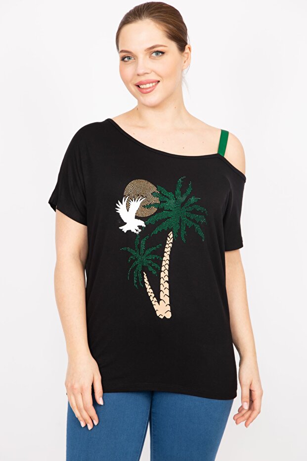 Women's Black Plus Size Blouse with Stone and Strap Detail 65n35874