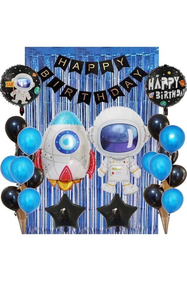 Doğum Günü Partisi Süslemeleri Set Astronot Roket Balon Seti Mavi - 2