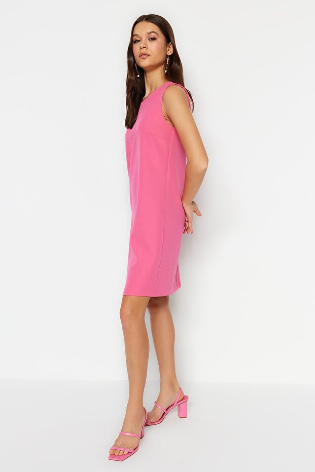 Pembe Düz Kesim Kolsuz Bisiklet Yaka Mini Dokuma Elbise TWOSS19FG0063 - 3