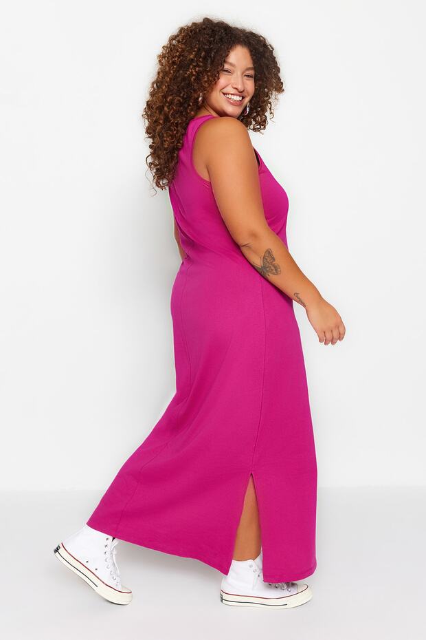 Fuchsia Shift - 100% pamut maxi ruha, nyak és hasíték TBBSS22AH0162 - 4