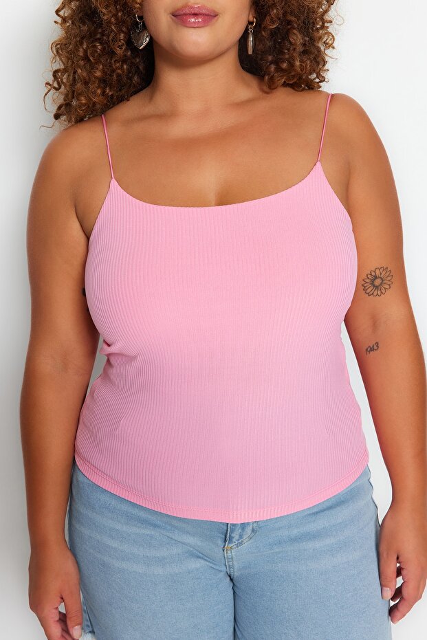 Pembe Spagetti Askılı Crop Fitilli Örme Büyük Beden Bluz TBBSS23AF00013 - 4