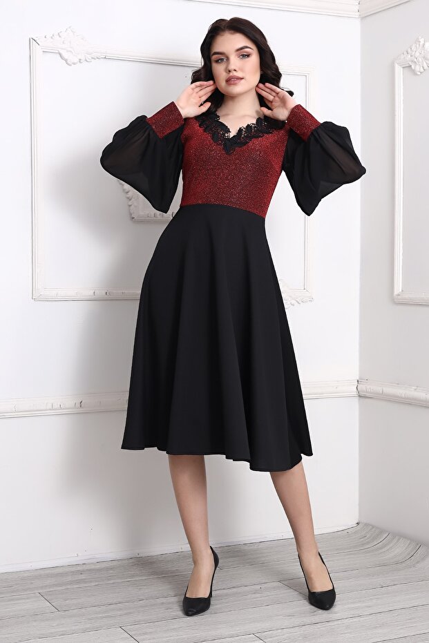 Şifon Kol Önü Simli Midi Elbise - 2