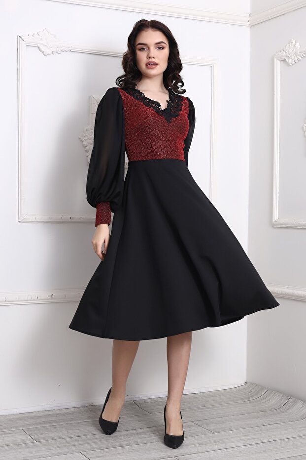 Şifon Kol Önü Simli Midi Elbise - 3