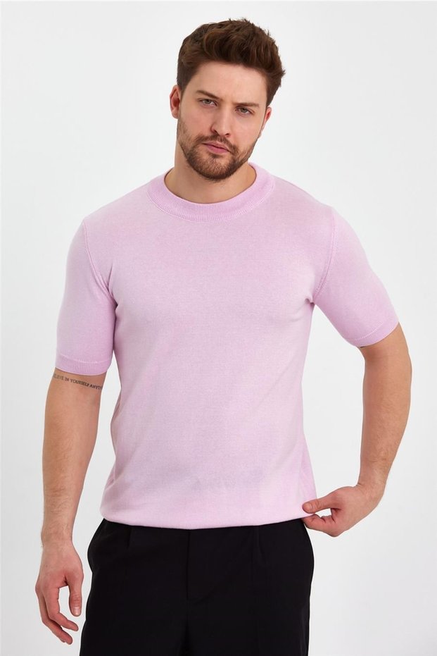 Pink Men's Half Fisherman Plain Knitwear T-shirt-trz19129r11s