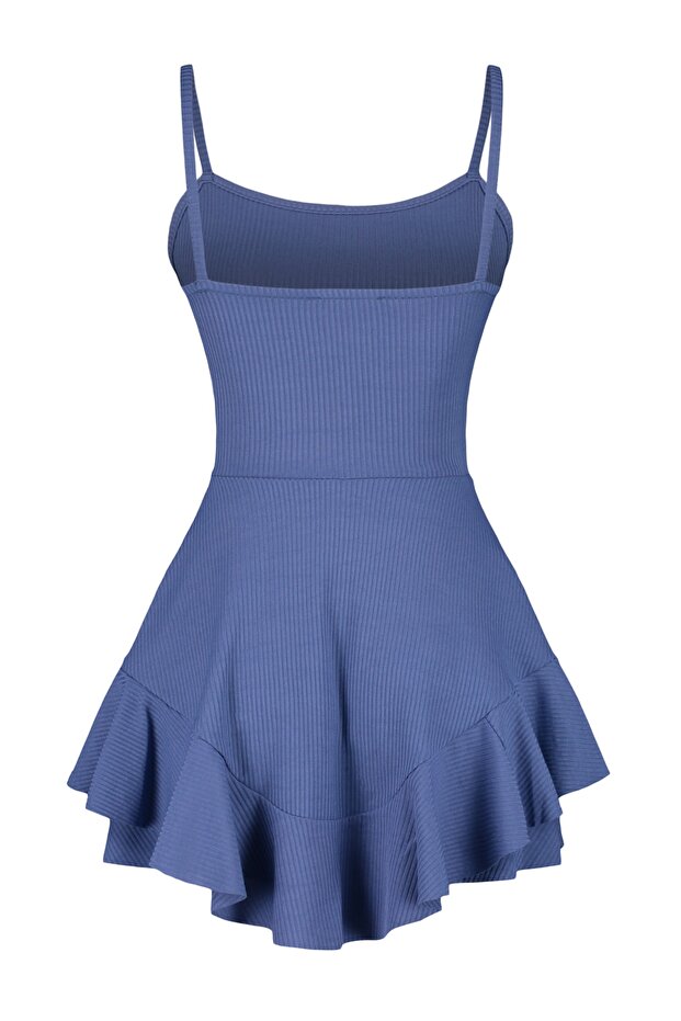 Indigo Baskılı Askılı Volanlı Şortlu Mini Örme Tulum TWOSS23TU00044 - 10
