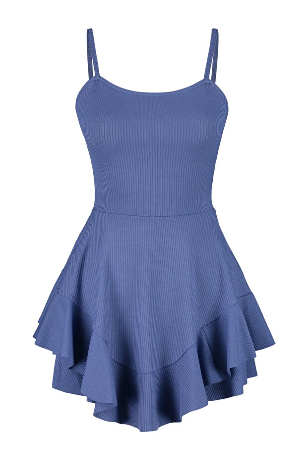 Indigo Baskılı Askılı Volanlı Şortlu Mini Örme Tulum TWOSS23TU00044 - 8