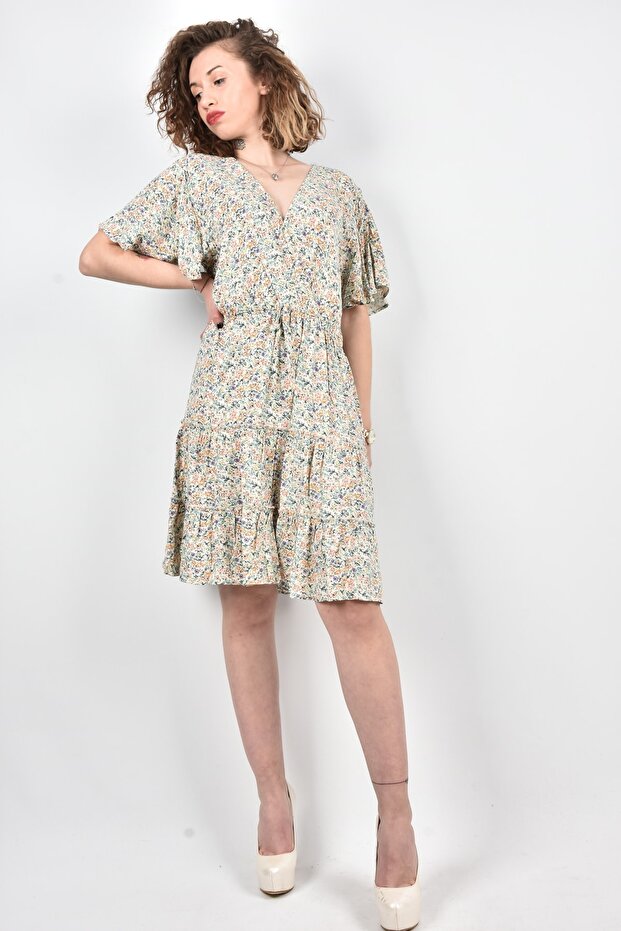 Viscose Floral Print Double Breasted Collar Short Sleeve Elastic Waist Mini Dress