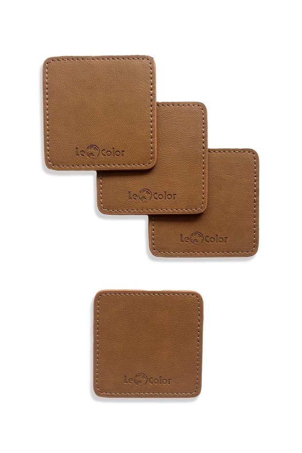 Leather Coaster Set of 4 Decorative Stitched Tan