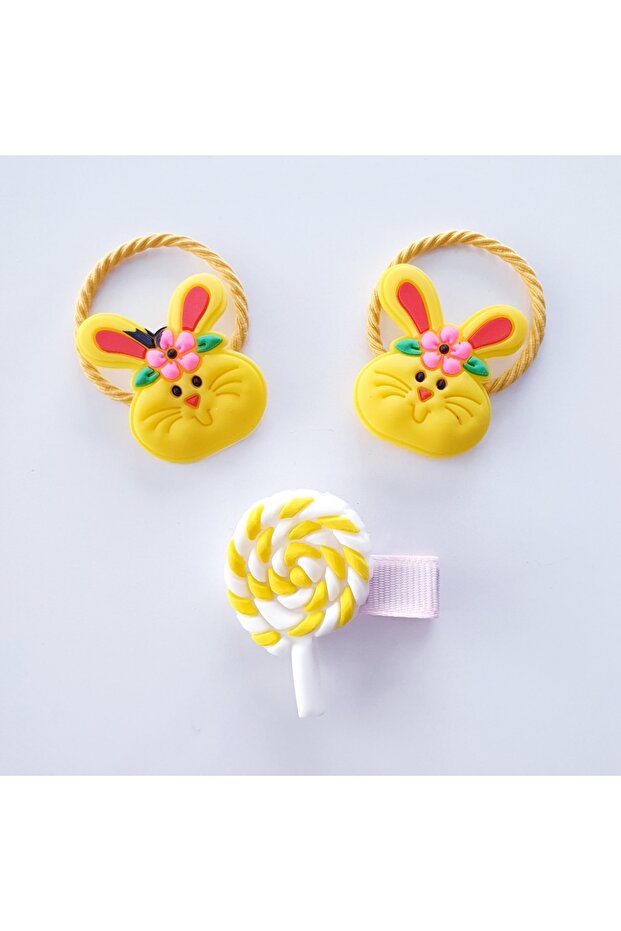 Set of 2 Rubber Buckles with Cute Rabbit Figure and Collet Buckle with Lollipop Candy Figure