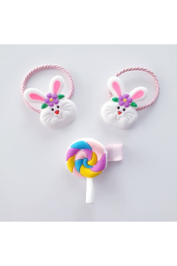 Set of 2 Rubber Buckles with Cute Rabbit Figure and Collet Buckle with Lollipop Candy Figure
