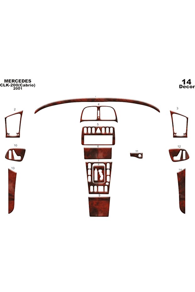 Meriç ® Front Glove Box Trim Mahogany 14 Piece for Mercedes Clk Convertible 1999-2003