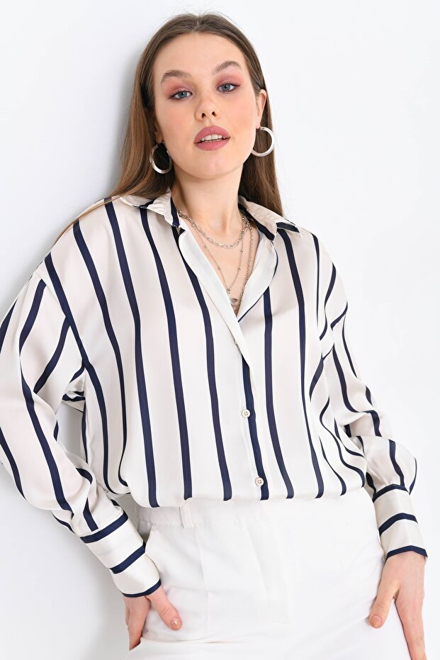 Women's Cuff Sleeve Striped Satin Shirt