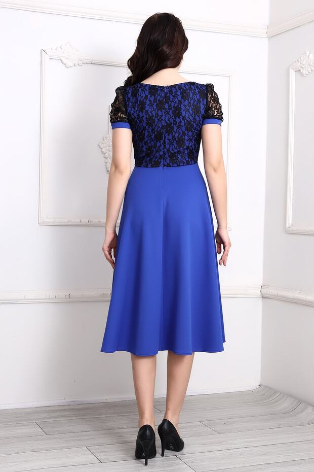 Üstü Dantelli Kısa Kol Midi Elbise - 6