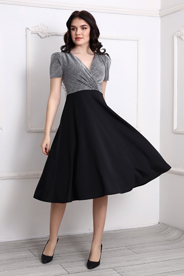 Pileli Kruvaze Simli Midi Elbise - 1