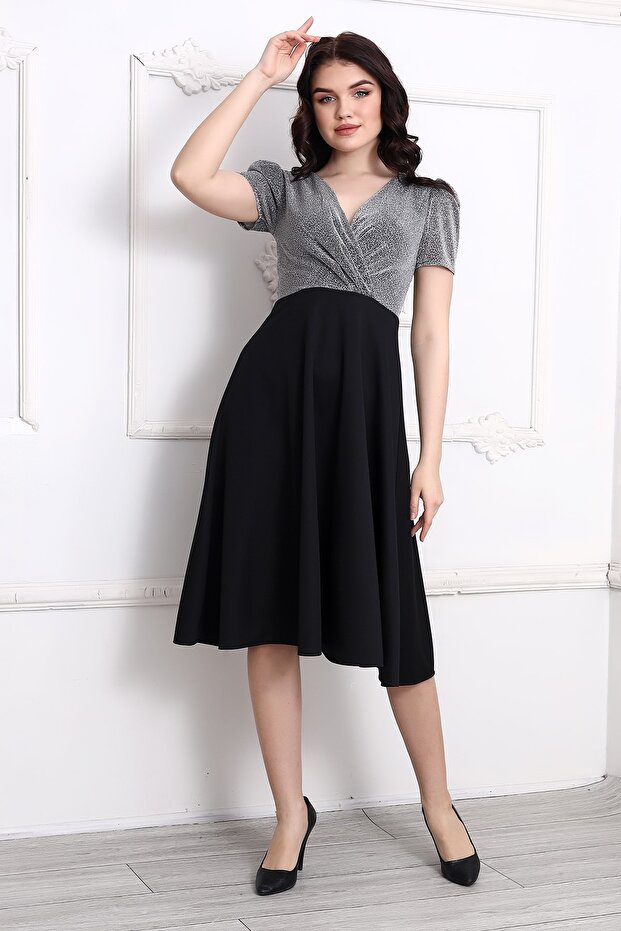 Pileli Kruvaze Simli Midi Elbise - 2