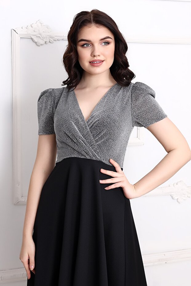 Pileli Kruvaze Simli Midi Elbise - 5