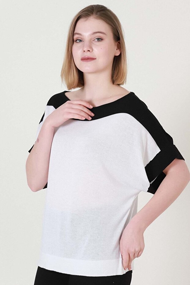 Women's Ecru Black Belted Summer Fine Knitwear Blouse