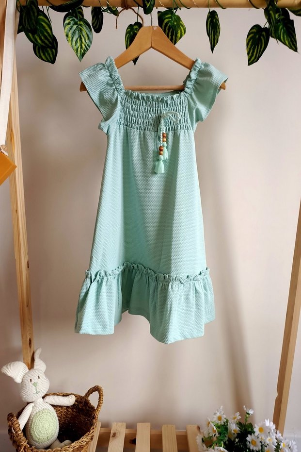 Square Collar Front Elastic Sleeves and Skirt Flounces Dress