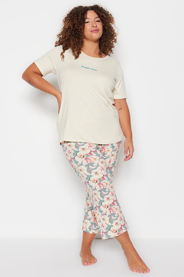 Ekru Çiçekli Kapri Boy Örme Pijama Takımı TBBSS23AI00009 - 1