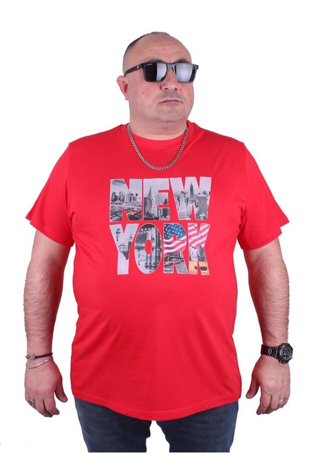 Large Size Men's Printed T-Shirt New York 23129 Red
