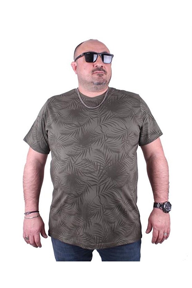 Large Size Crew Neck T-Shirt Palm Leaf 23148 Khaki