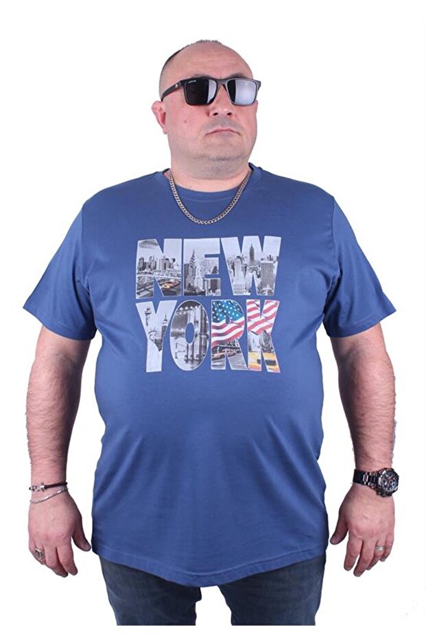 Large Size Men's Printed T-Shirt New York 23129 Indigo