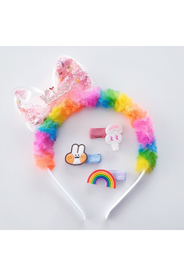 Colorful Plush Bow with Star Sequins and Fruity Crown and Cute Figures, 3-Piece Clip Buckle