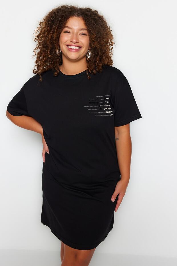 Siyah Bisiklet Yaka slogan Baskılı %100 Pamuk Örme Büyük Beden T-shirt Elbise TBBSS23AH00162 - 1