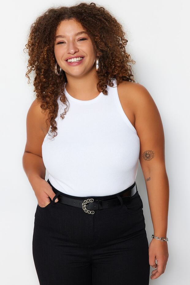 Beyaz Halter Yaka Pamuklu Fitted/Vücuda Oturan Basic Örme Atlet TBBSS23CV00001 - 2