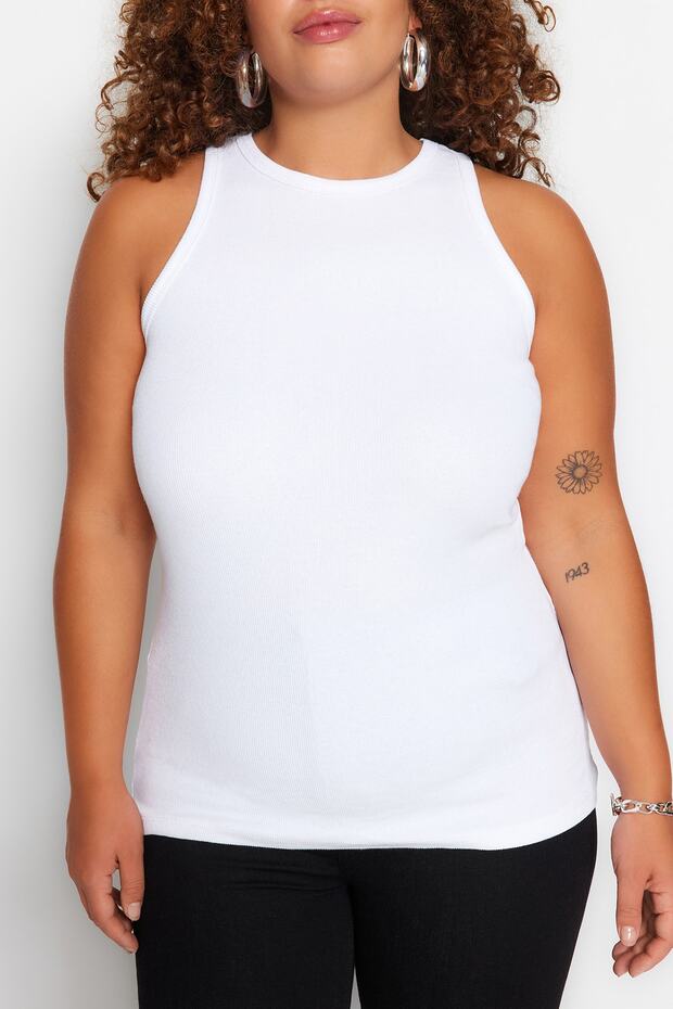 Beyaz Halter Yaka Pamuklu Fitted/Vücuda Oturan Basic Örme Atlet TBBSS23CV00001 - 4