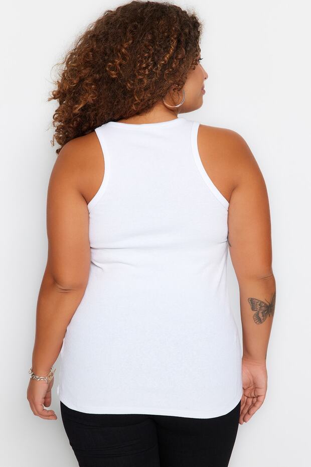 Beyaz Halter Yaka Pamuklu Fitted/Vücuda Oturan Basic Örme Atlet TBBSS23CV00001 - 6