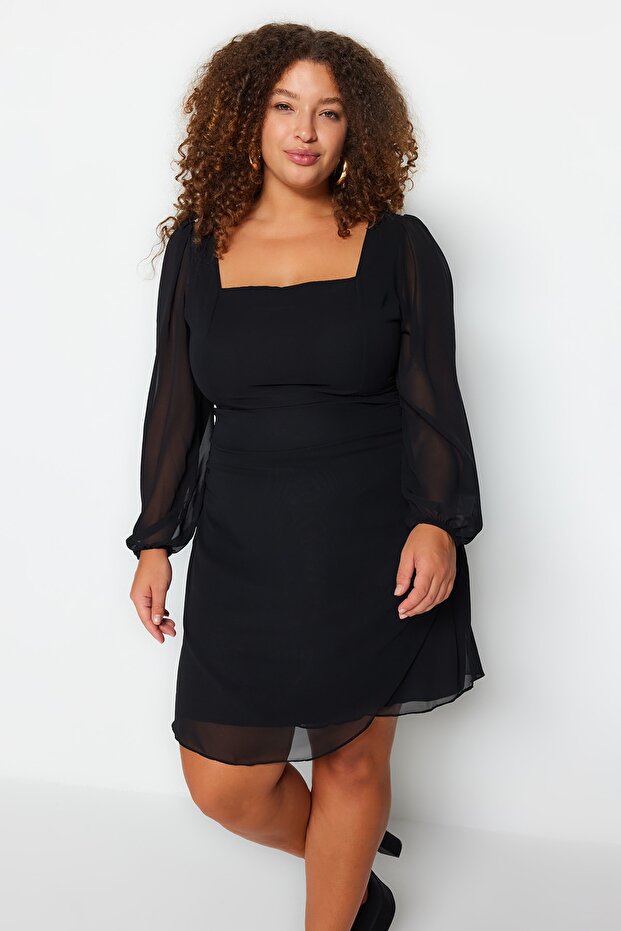 Čierne tkané šifónové mini šaty veľkej veľkosti TBBSS23AH00186 - 2