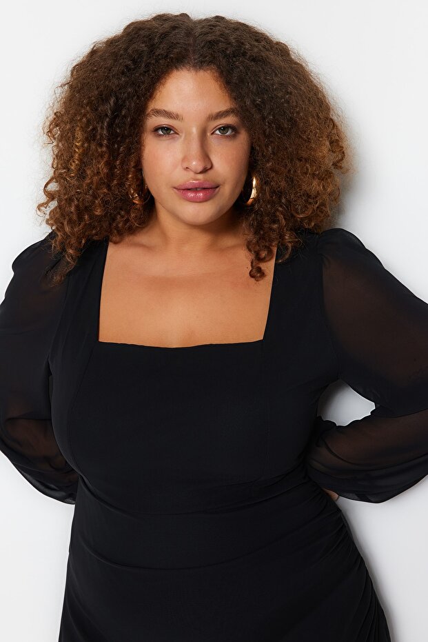 Čierne tkané šifónové mini šaty veľkej veľkosti TBBSS23AH00186 - 5