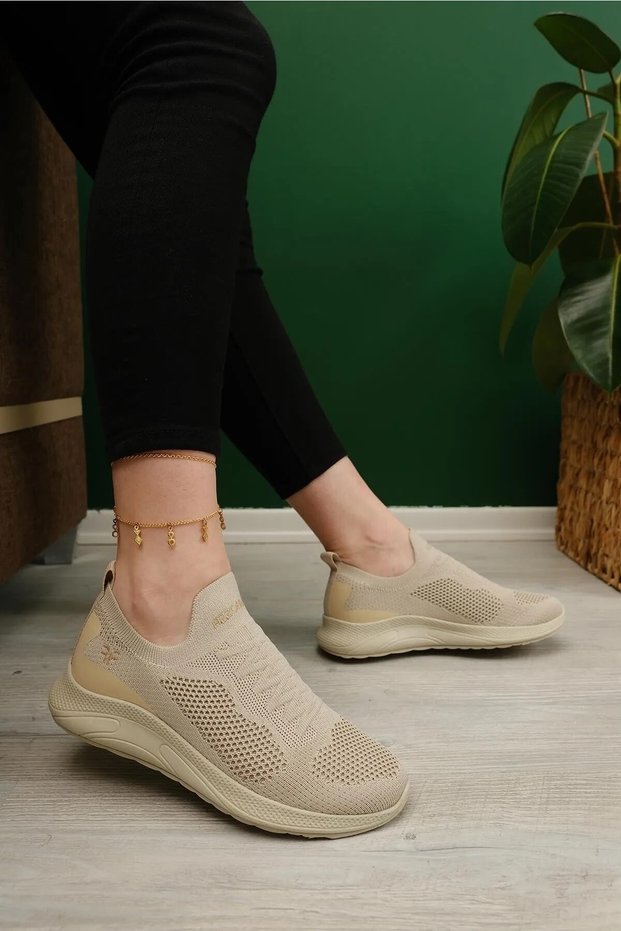 Beige - New Season Laceless Knitwear Women's Sneakers