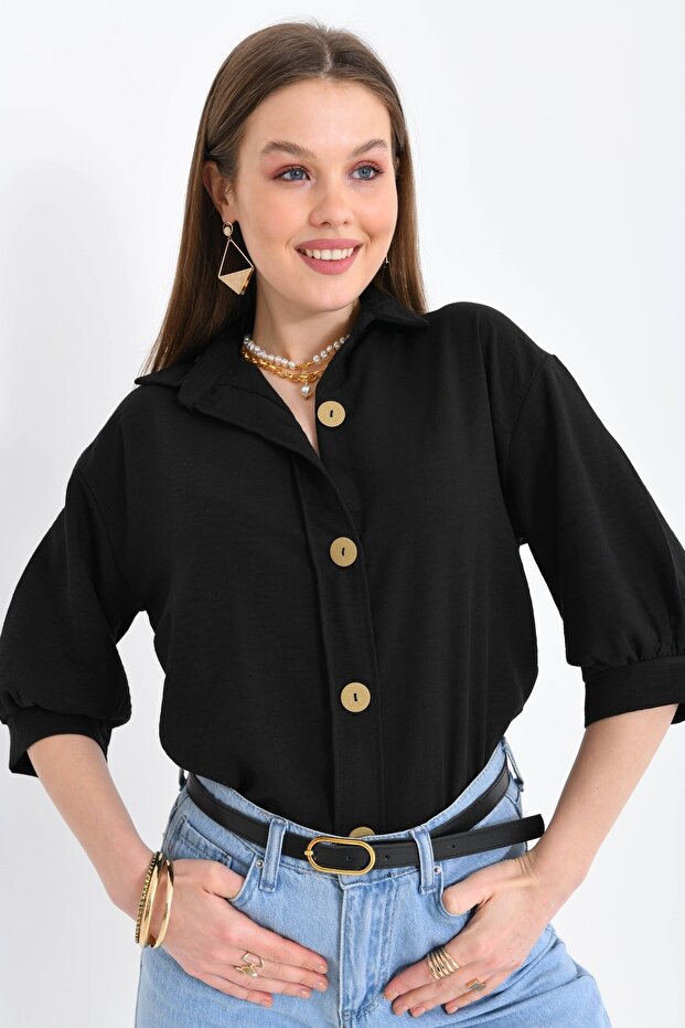 Women's Wooden Button Three Quarter Sleeve Linen Shirt