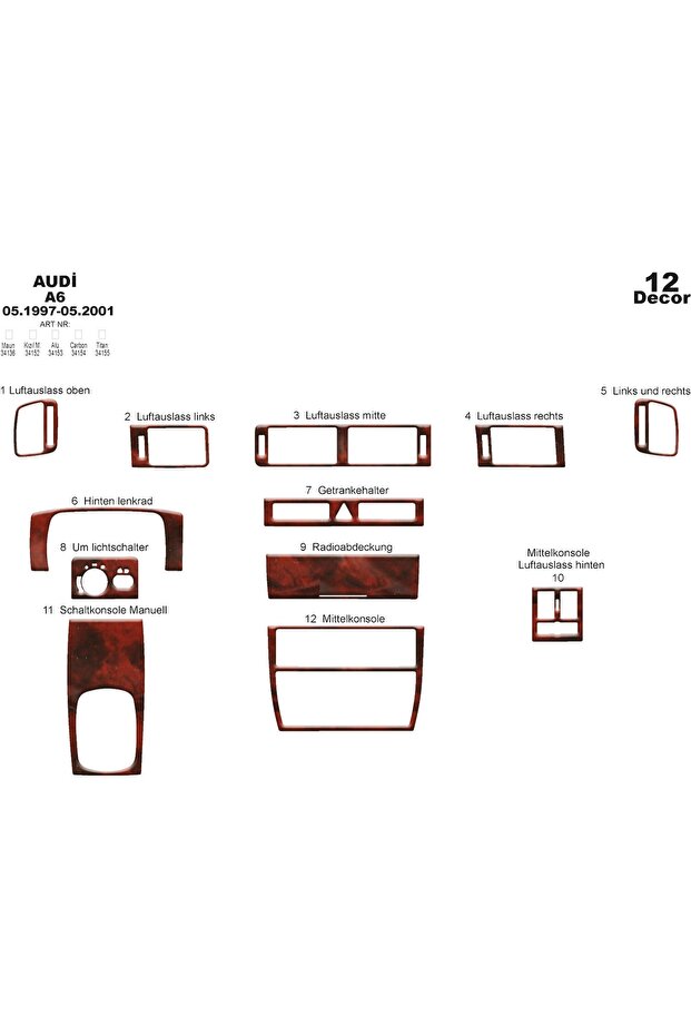 Meriç ® Audi A6 Front Glove Box Trim Mahogany 12 Pieces 1997-2001